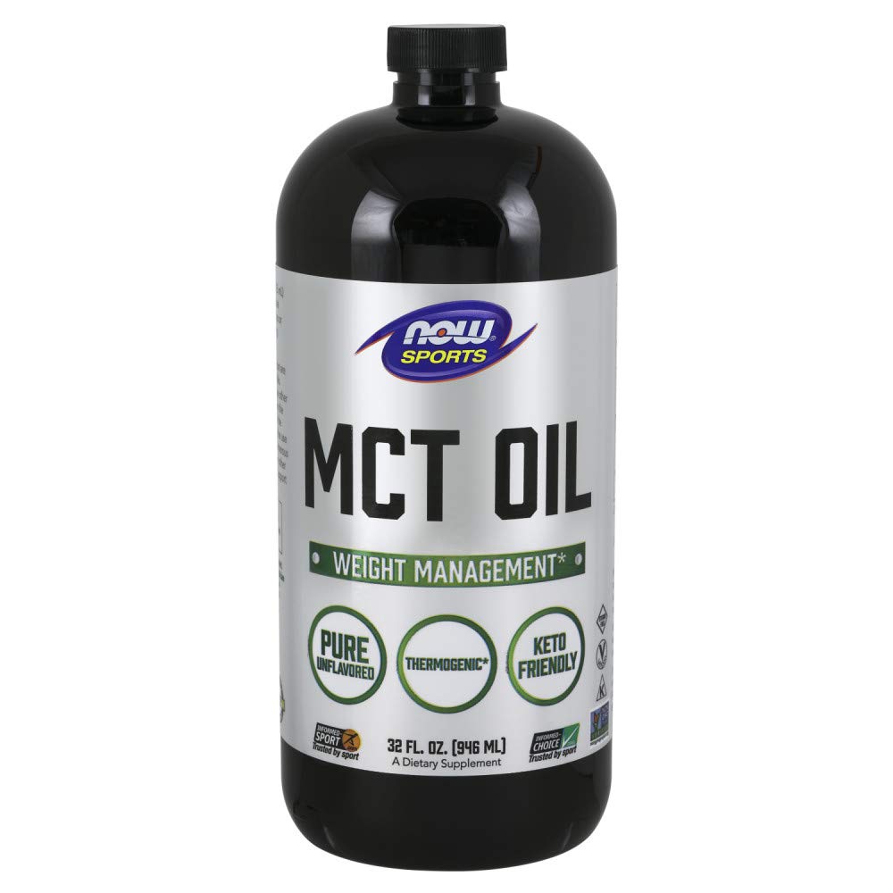 NOW Foods MCT 100% Oil, botella frontal para energía suave en desayunos.