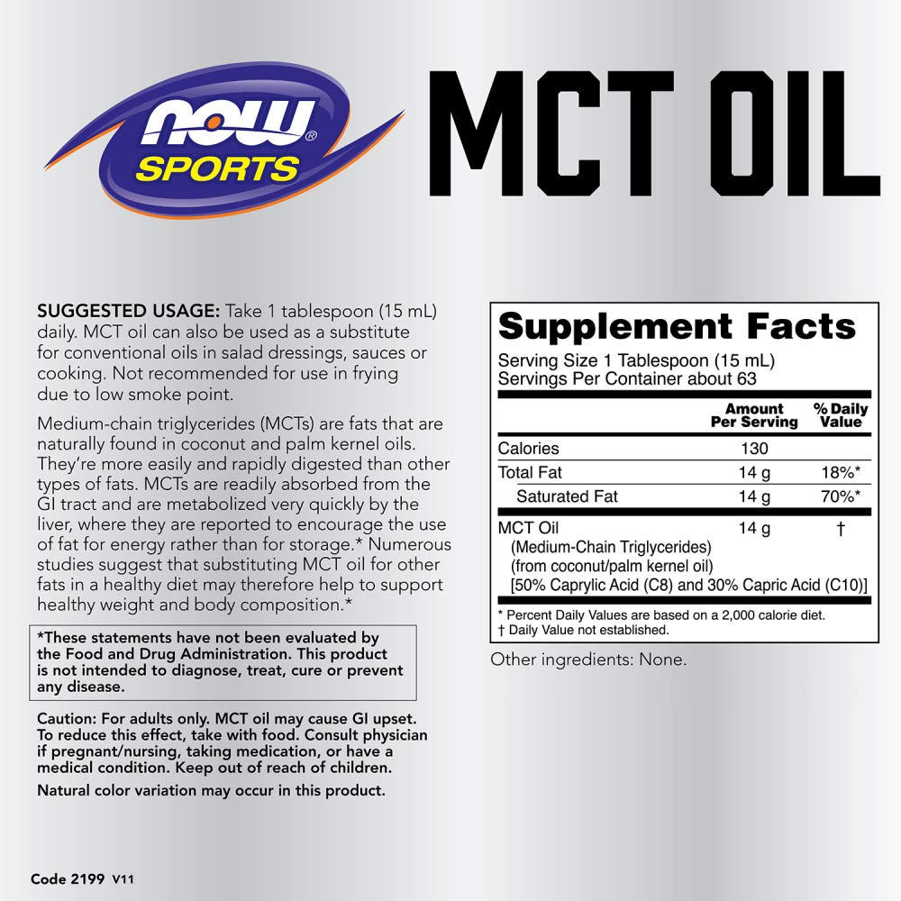 NOW Foods MCT 100% Oil, etiqueta clara facilita su uso diario.