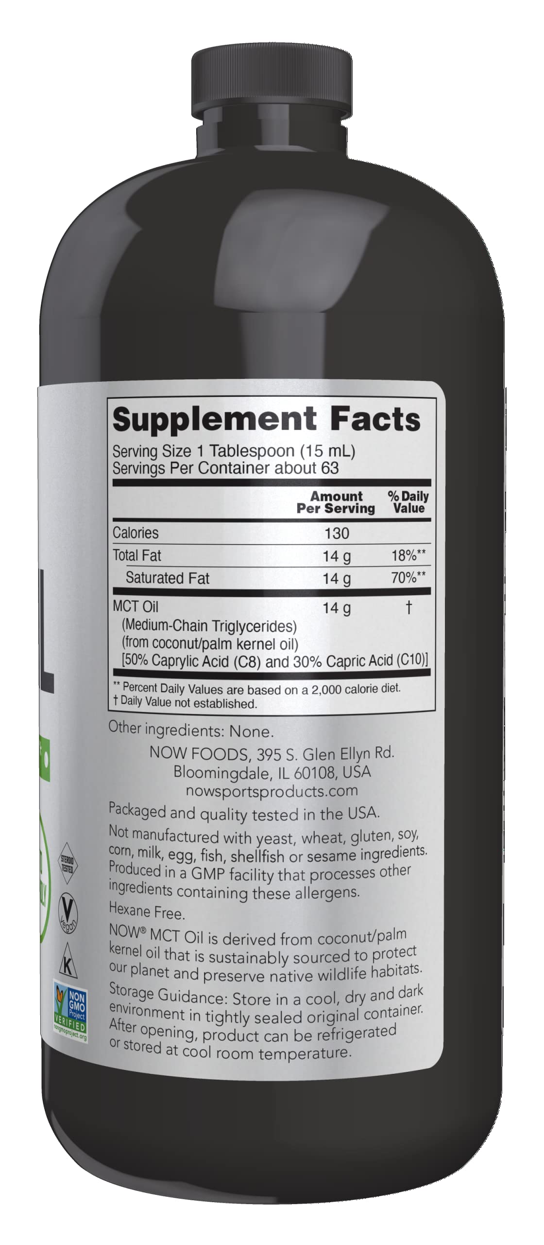 NOW Foods MCT Oil, cucharada medidora, consumo diario fácil y práctico.