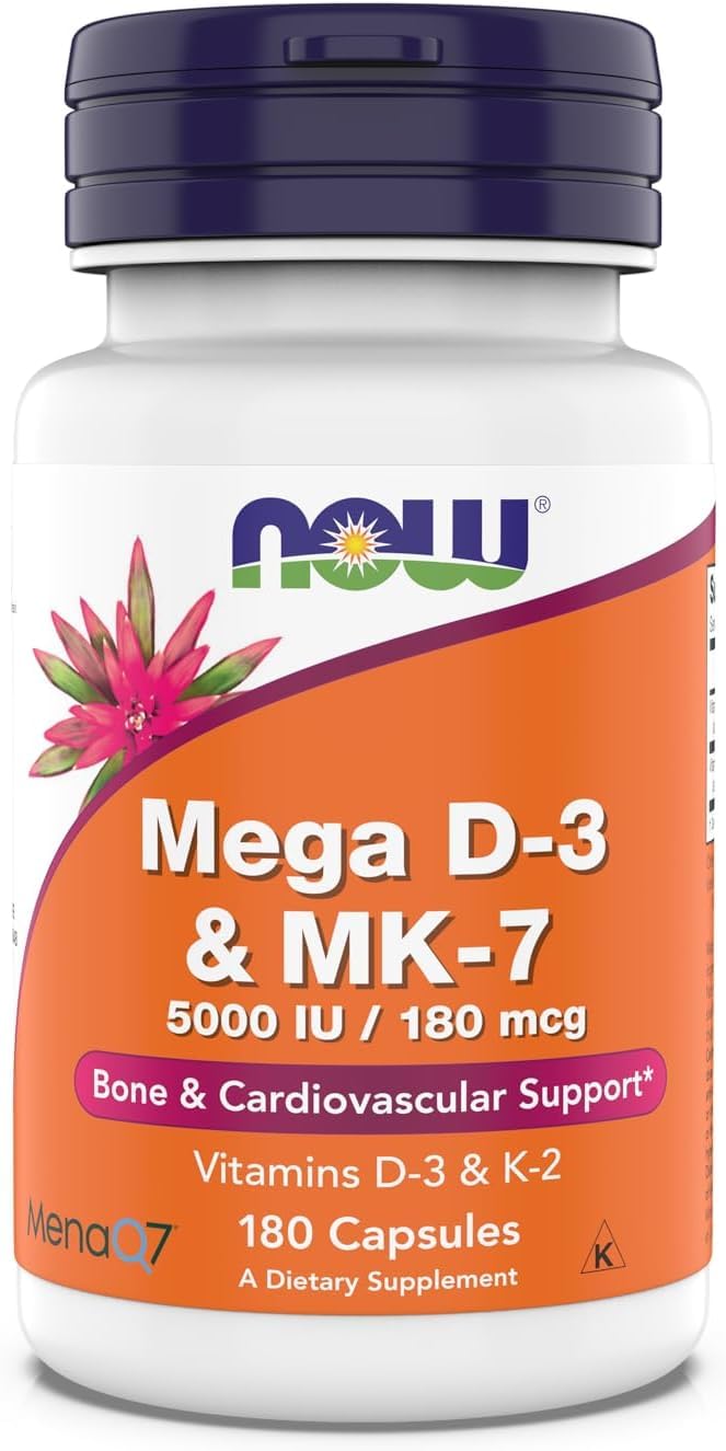 NOW Foods Mega D-3 MK-7, bote de cápsulas para soporte óseo y cardiovascular