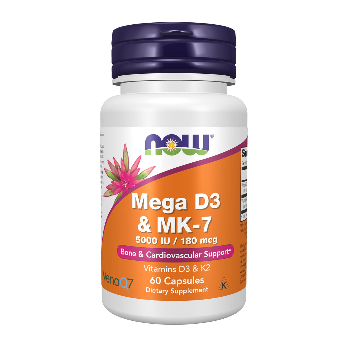 NOW Foods Mega D-3 MK-7 botella con cápsulas para apoyar la salud ósea y cardiovascular.
