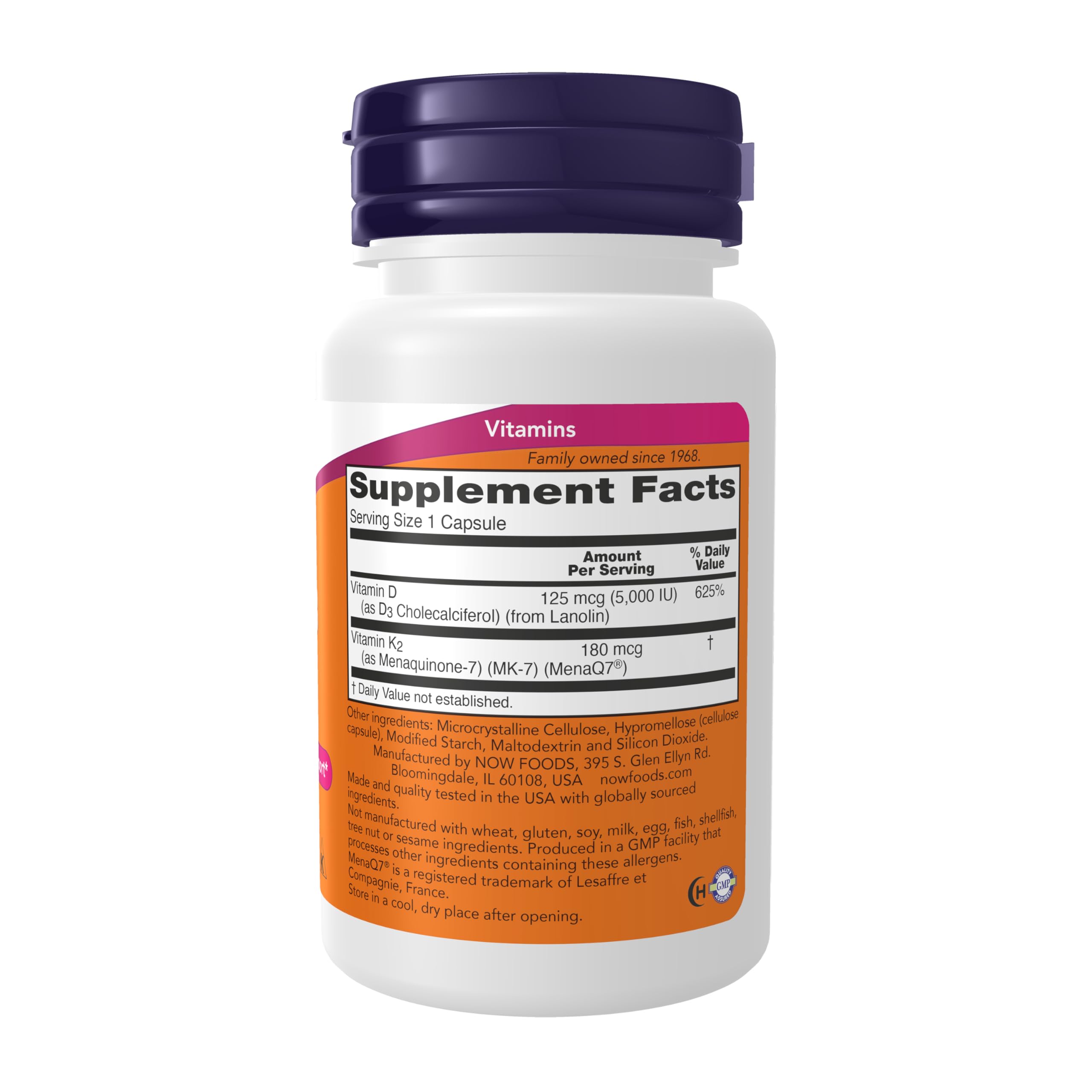 Etiqueta frontal NOW Foods Mega D-3 MK-7 con información de dosis y beneficios.