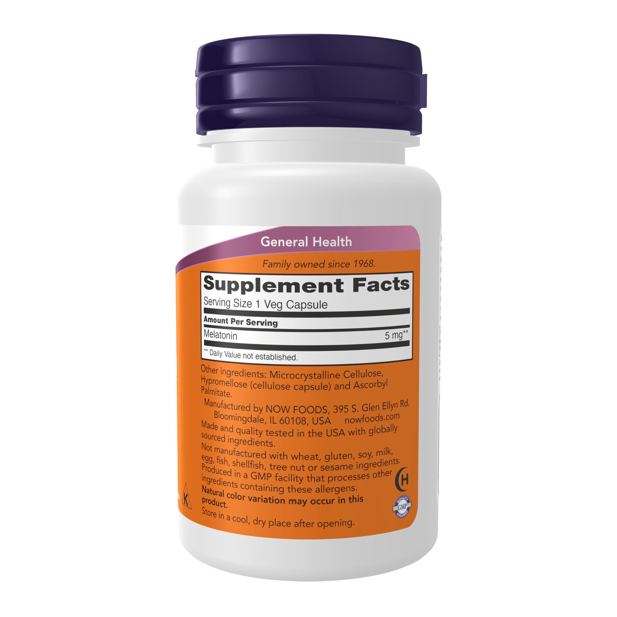 NOW Foods Melatonina 5 mg: cápsulas vegetales para uso nocturno.