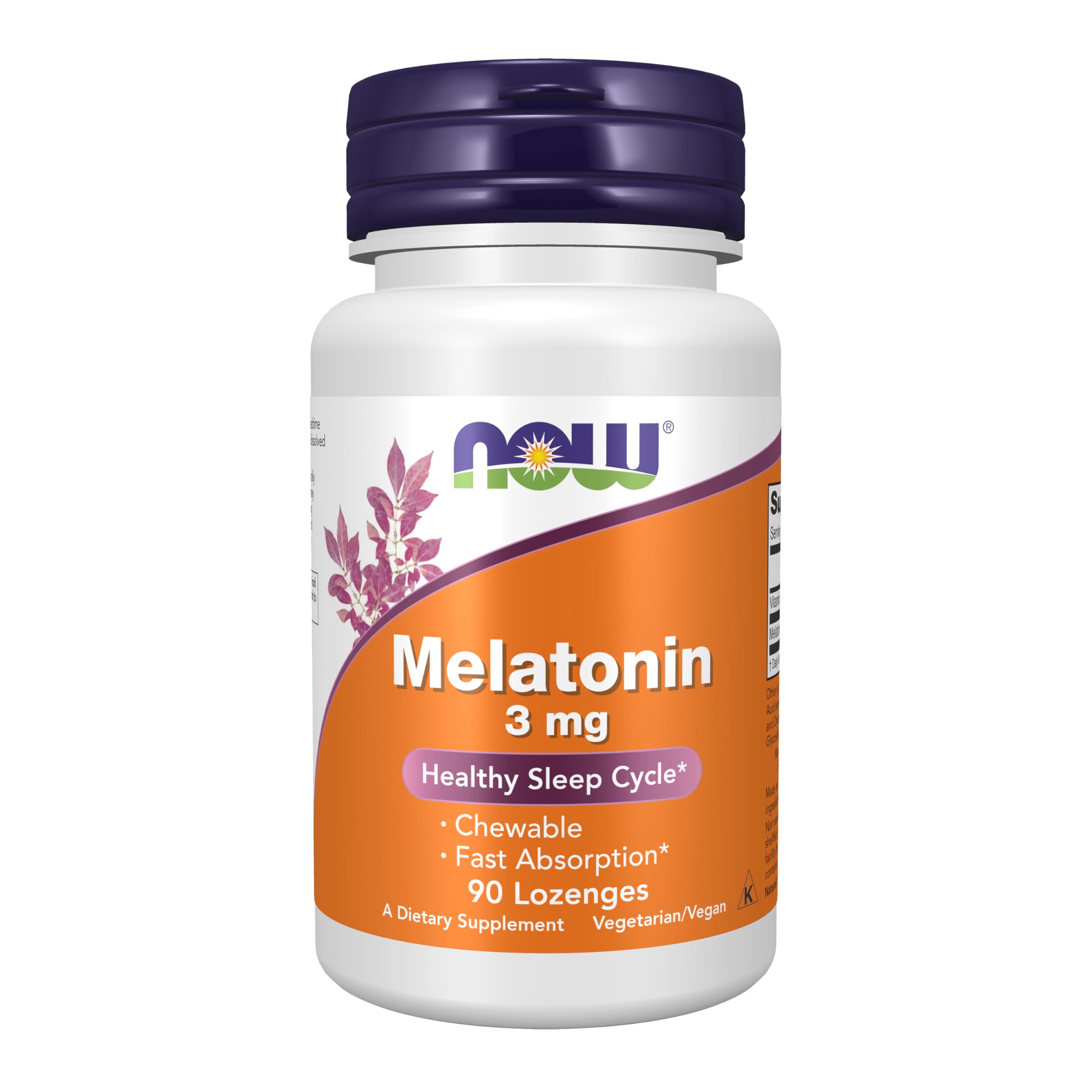 NOW Foods Melatonina 3 mg: botella de pastillas masticables para uso nocturno.