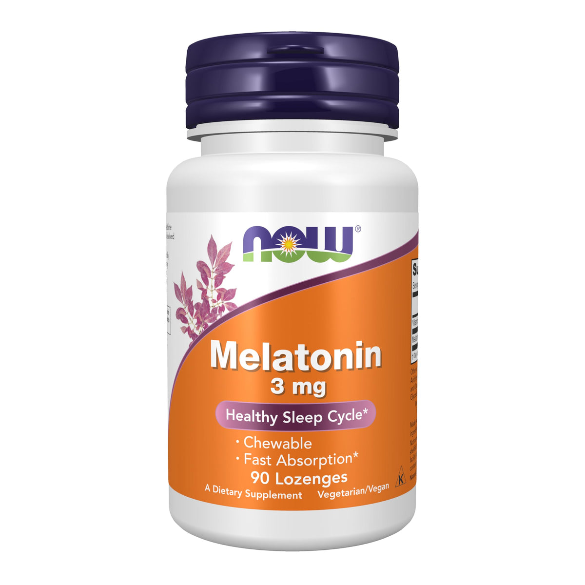 NOW Foods Melatonina 3 mg: botella de pastillas masticables para uso nocturno.