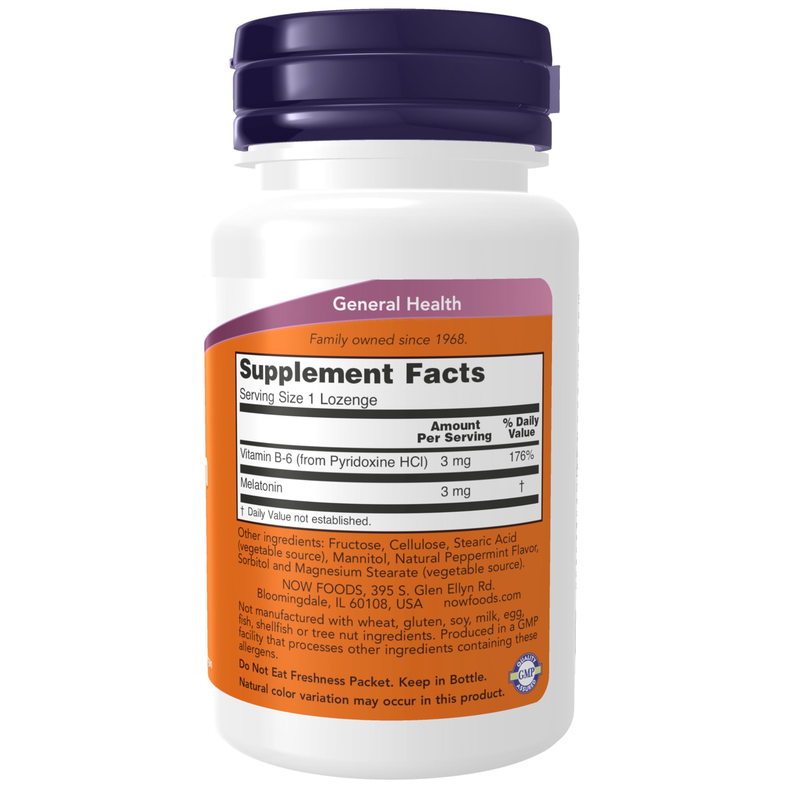NOW Foods Melatonina, primer plano de la pastilla masticable para apoyar el ciclo sueño-vigilia