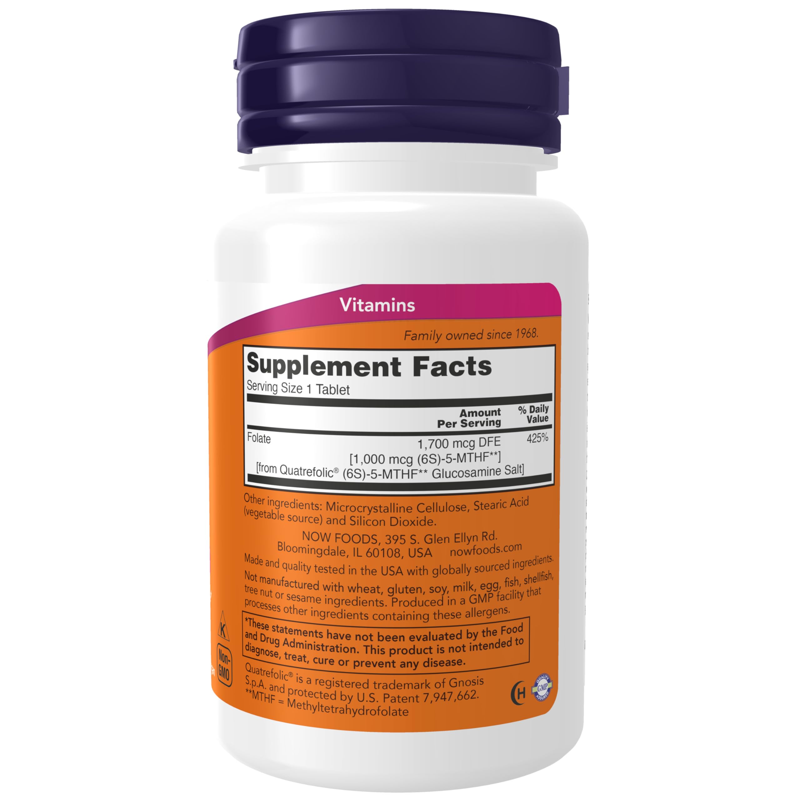 NOW Foods Metilfolato 1000 mcg, frasco con primer plano de tabletas