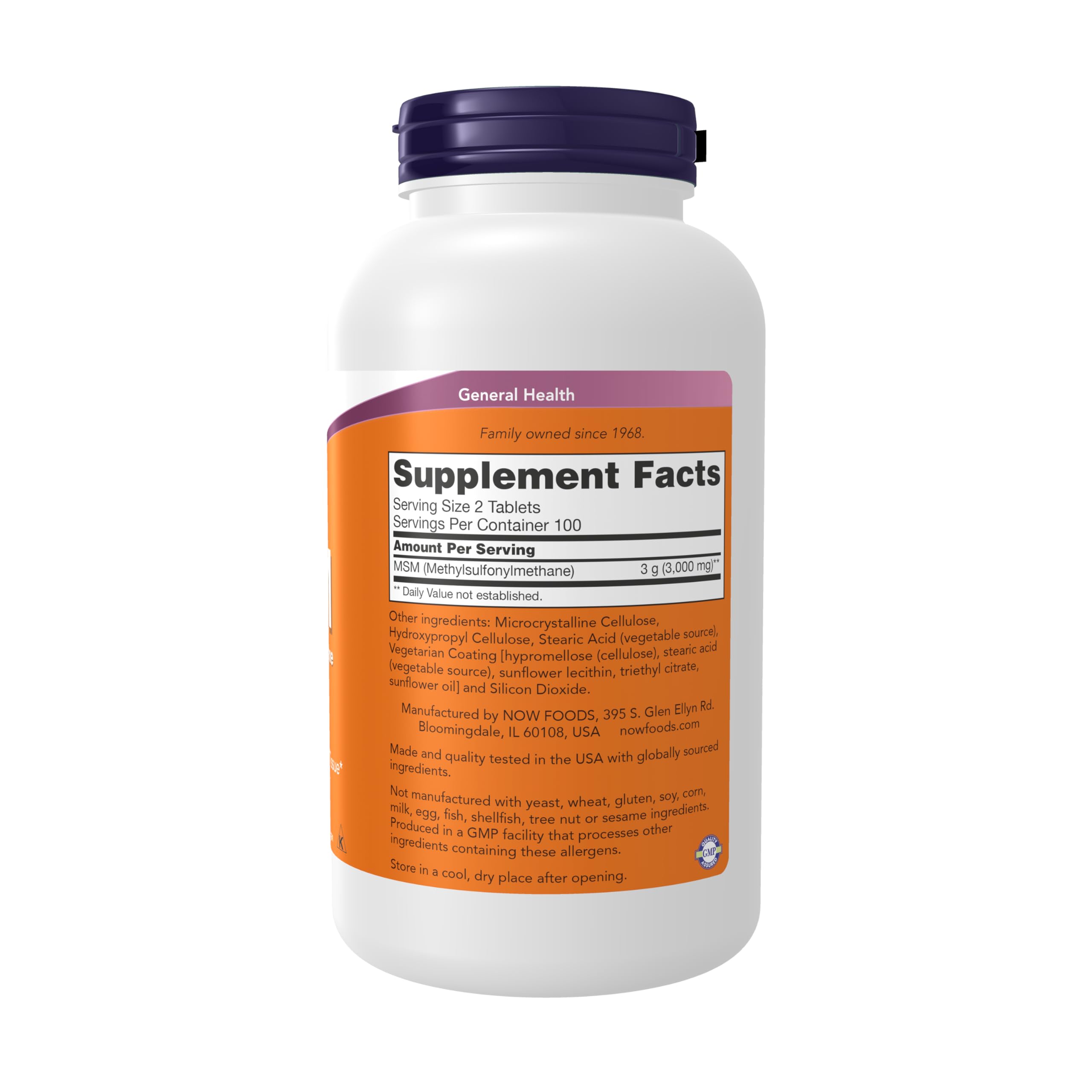 NOW Foods MSM 1500 mg, etiqueta frontal, información clara.