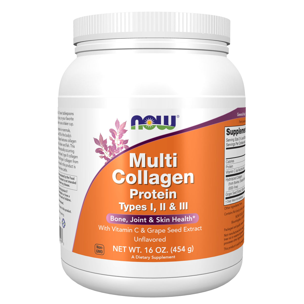 NOW Foods Multicollagen, bote frontal, soporte diario para piel y articulaciones.