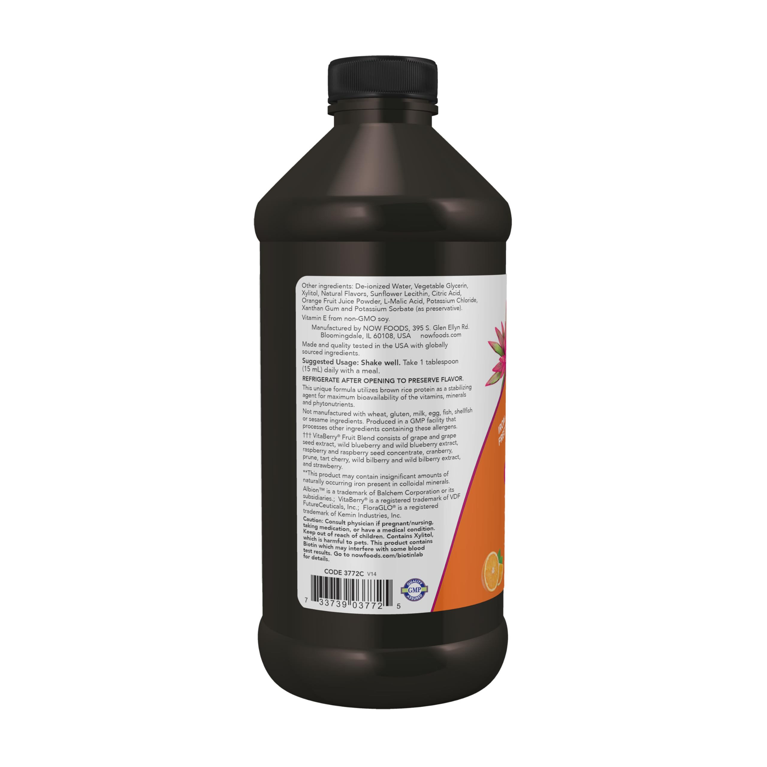 Mezcla de frutos con fitoquímicos en NOW Foods multivitamínico líquido.