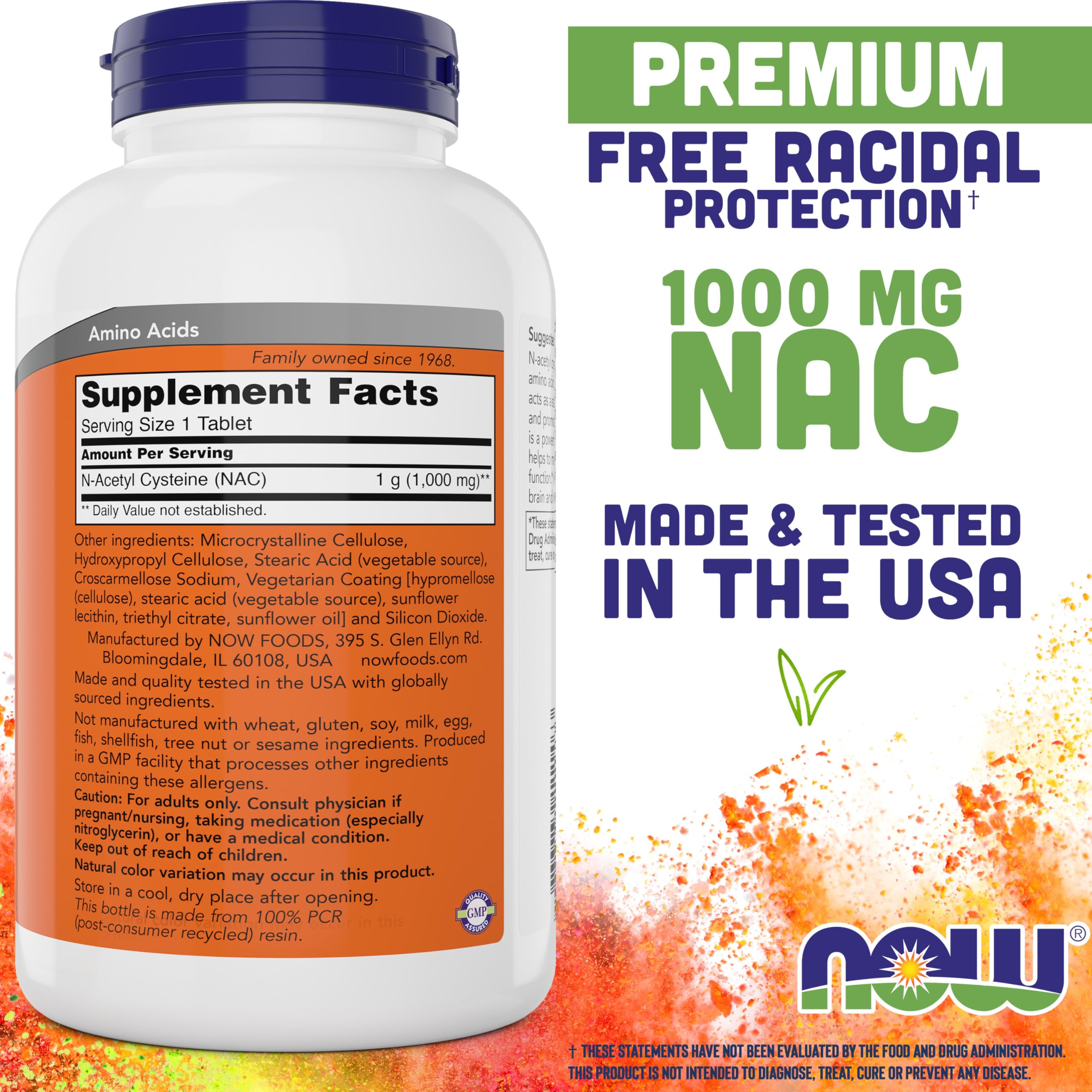 NOW Foods NAC 1000 mg, indicación de dosificación de 1–3 veces diario