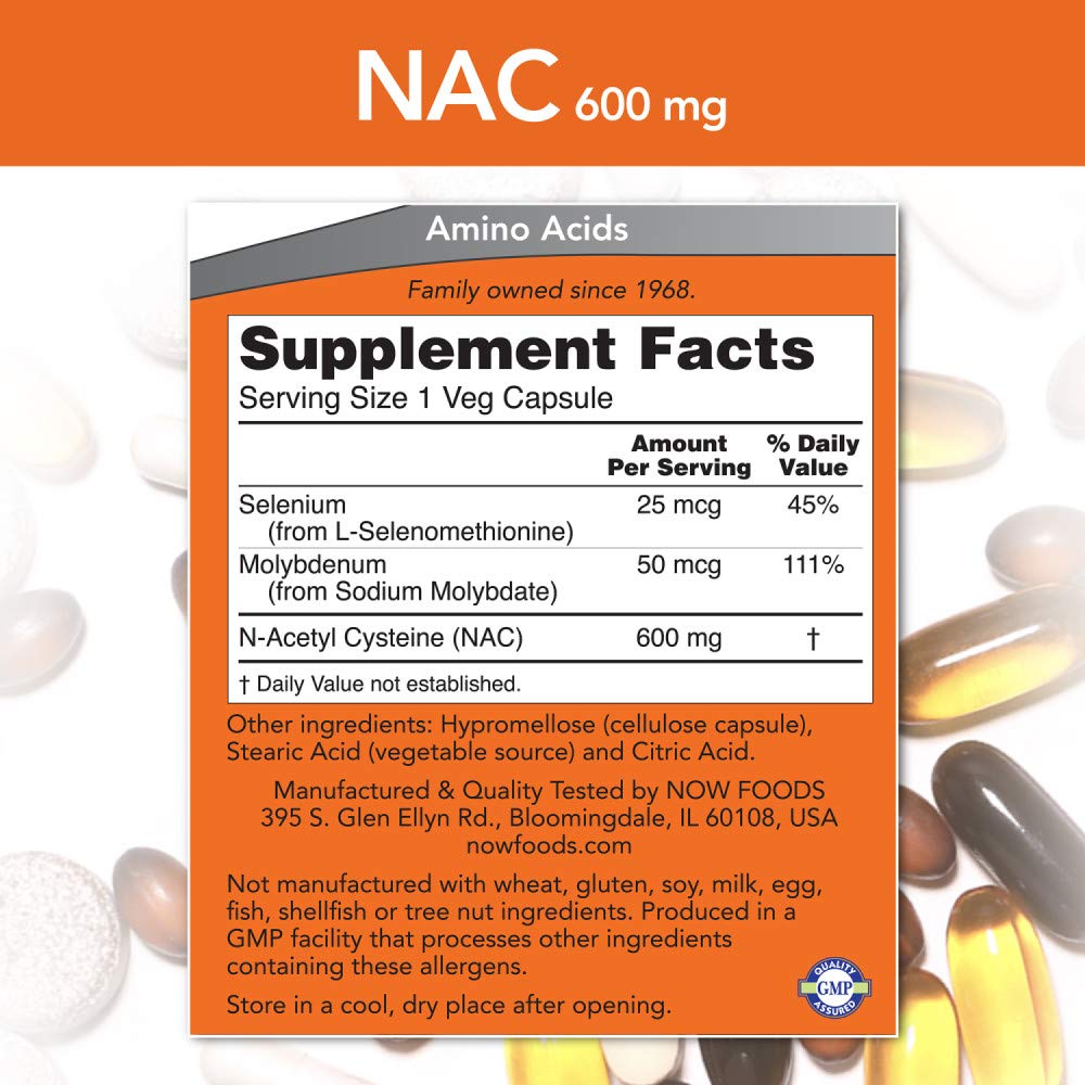 Dosis diaria con NAC 600 mg en envase de NOW Foods