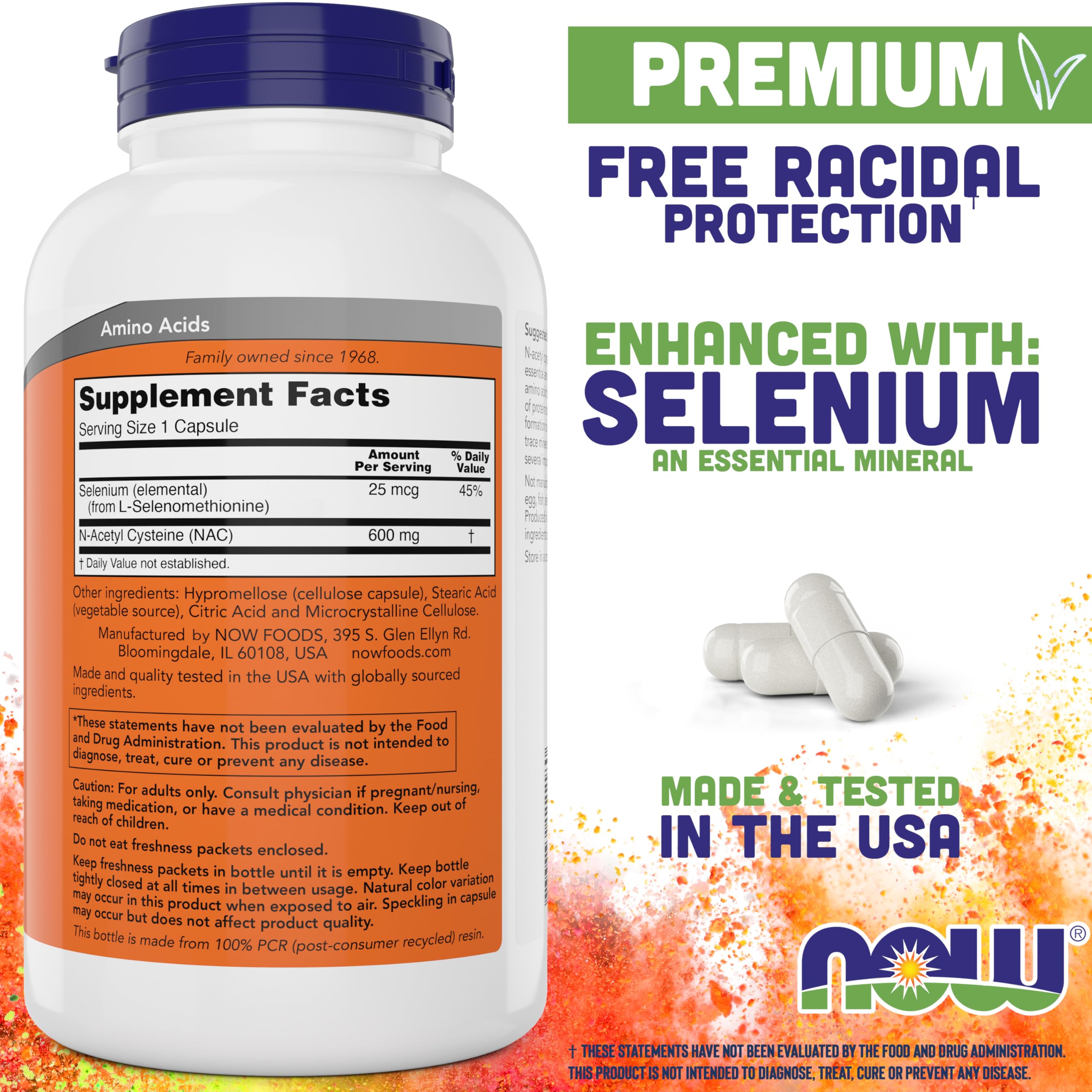 NOW Foods NAC 600 mg etiqueta frontal: información de dosis clara
