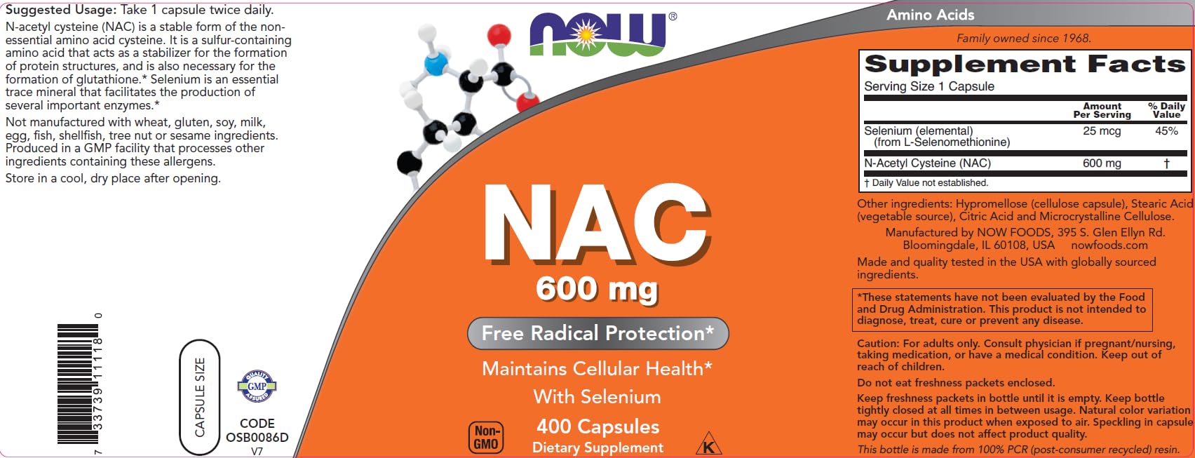 NOW Foods NAC 600 mg presentación de 400 cápsulas: opción económica para casa