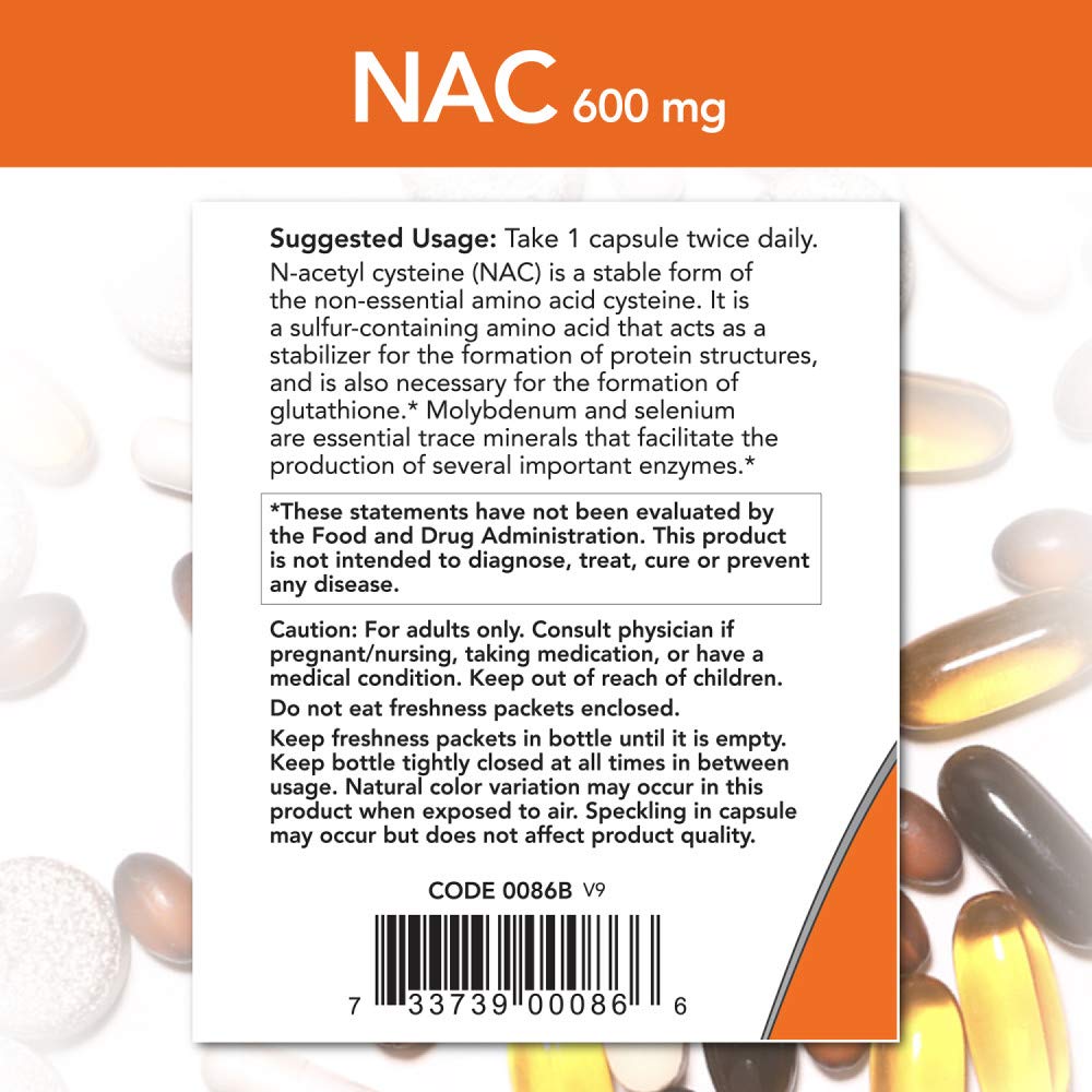 Uso oral de NAC 600 mg NOW Foods, cápsulas fáciles de tragar