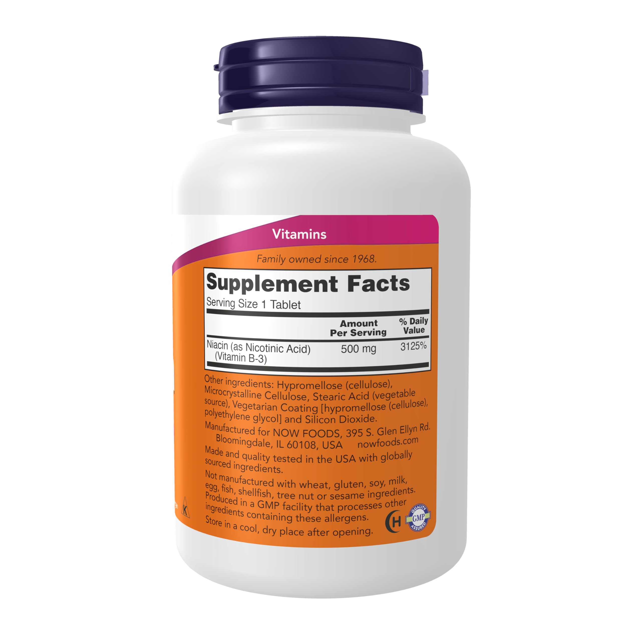 NOW Foods Niacina 500 mg etiqueta, información clara para uso seguro