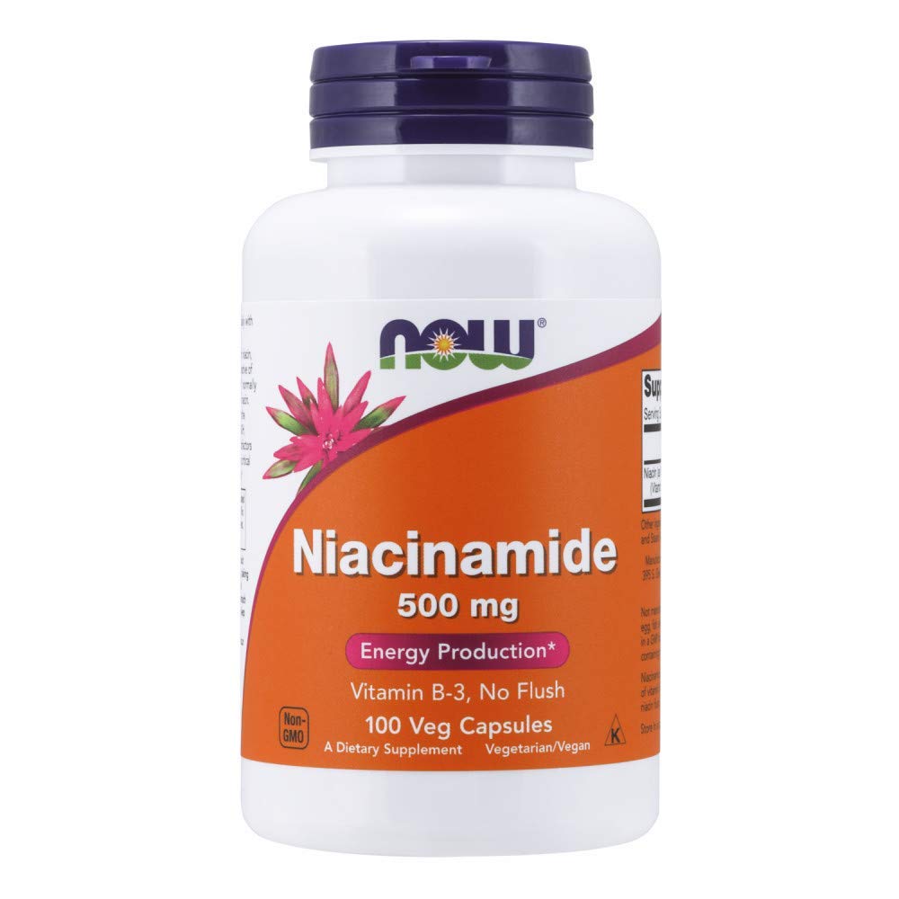 NOW Foods Niacinamida 500 mg cápsulas sobre fondo blanco, lista para uso diario.