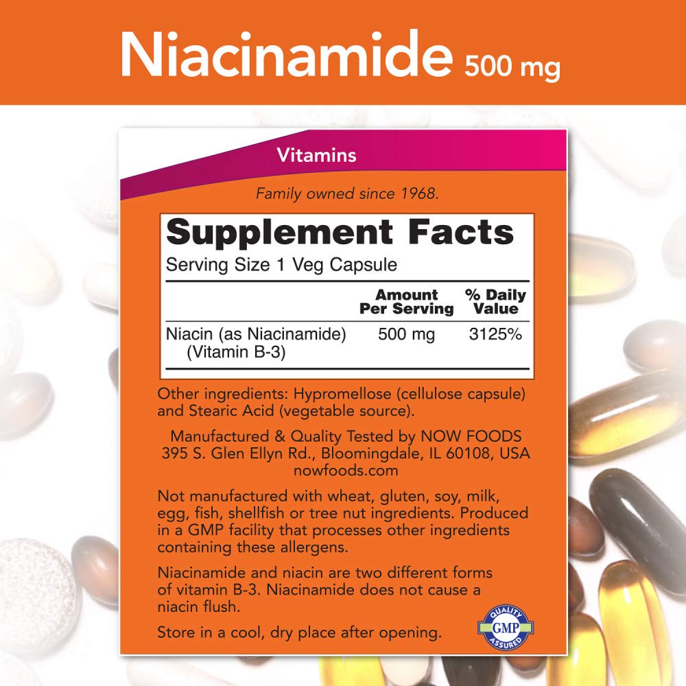 Etiqueta frontal de NOW Foods Niacinamida muestra dosis y beneficios.
