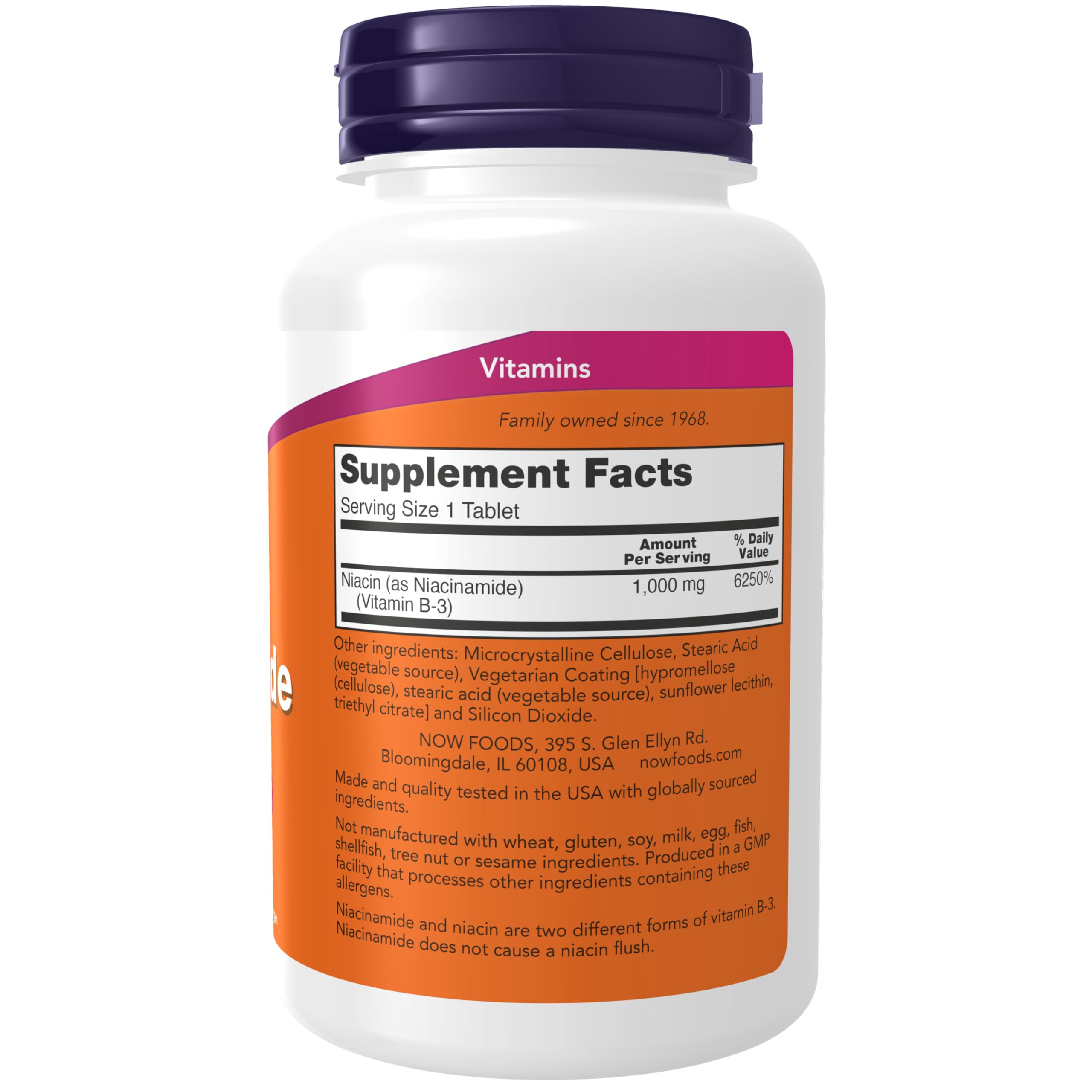 Envase NOW Foods Niacinamida con 90 tabletas para rutina diaria.