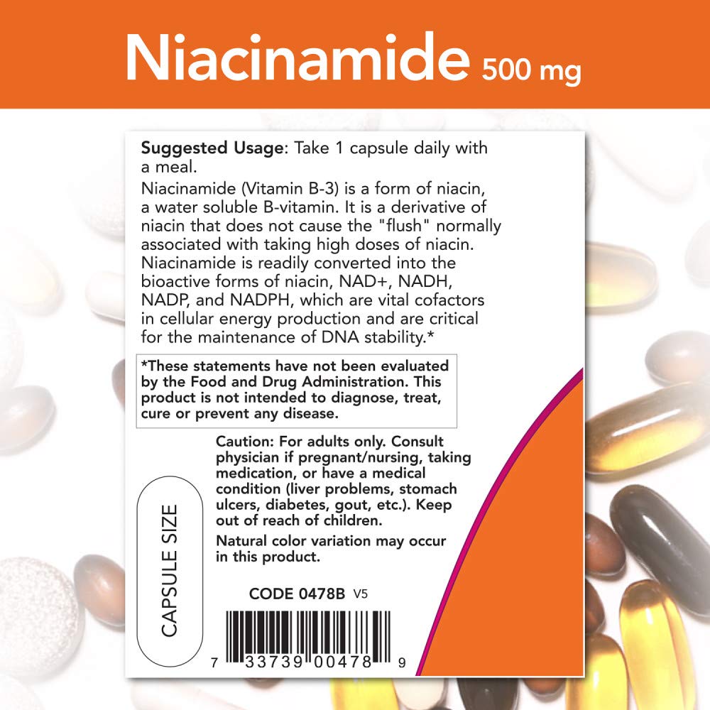 NOW Foods Niacinamida 500 mg etiqueta del envase, guía rápida de uso.