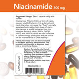 NOW Foods Niacinamida 500 mg etiqueta del envase, guía rápida de uso.