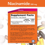 NOW Foods Niacinamida 500 mg frasco con etiqueta visible para dosis diarias.