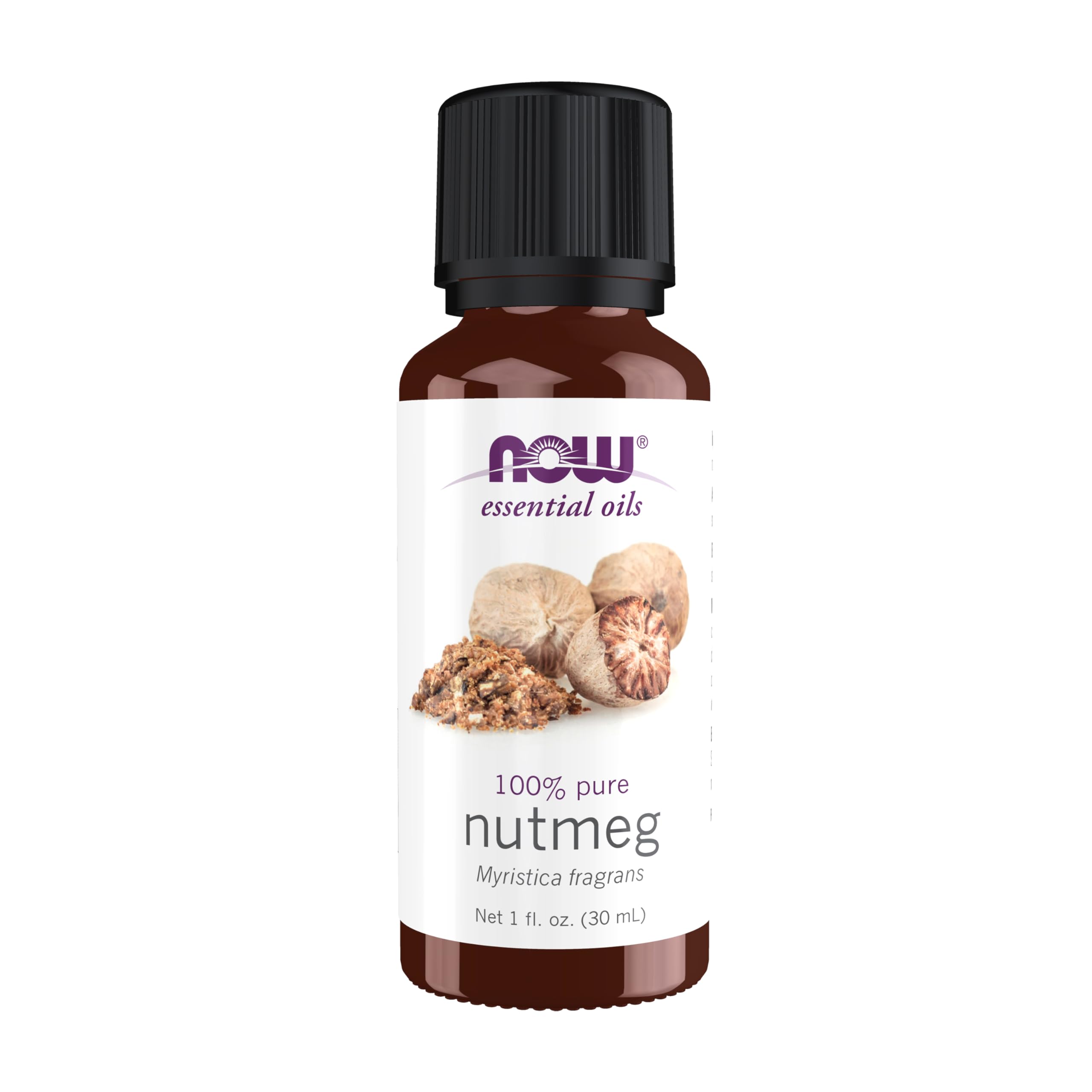 Aceite NOW Foods de nuez moscada en botella para aromaterapia energizante.