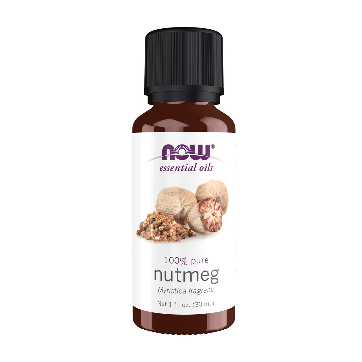 Aceite NOW Foods de nuez moscada en botella para aromaterapia energizante.