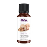 Aceite NOW Foods de nuez moscada en botella para aromaterapia energizante.