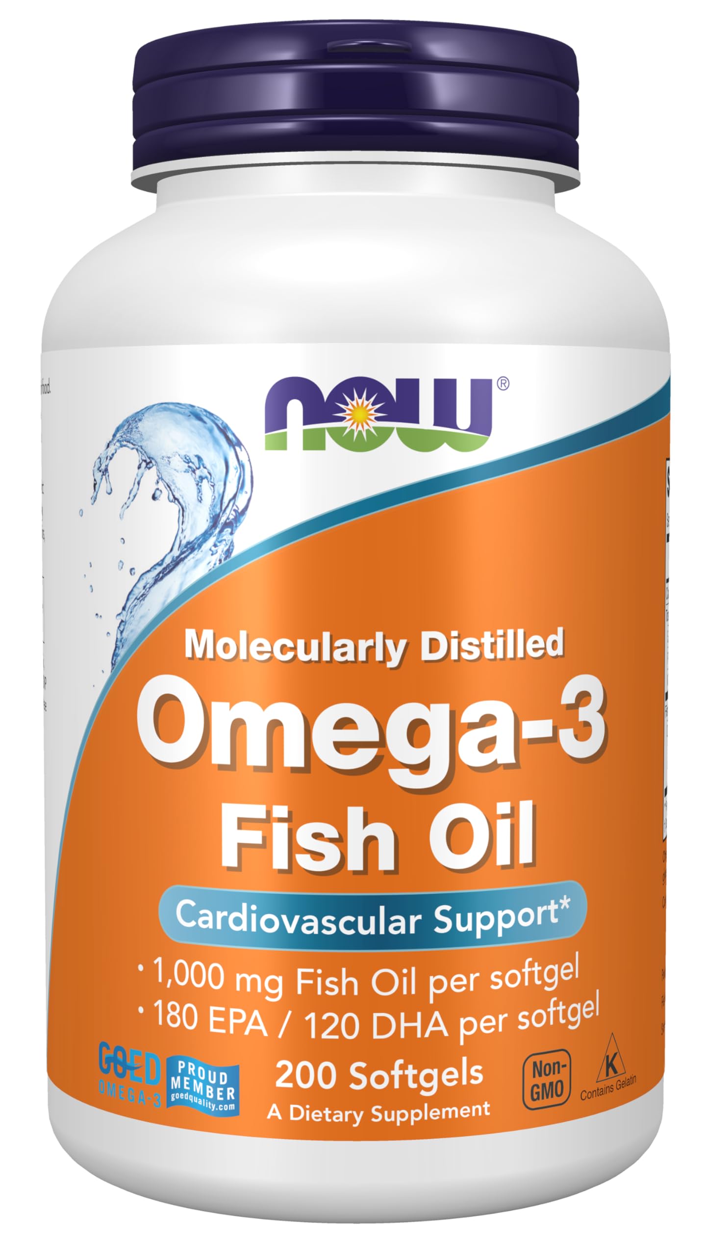 NOW Foods Omega-3 1000 mg, cápsulas suaves, botella frontal, posible apoyo a la salud cardiovascular.