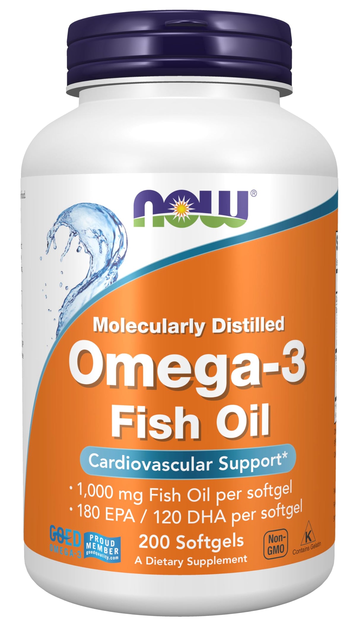 NOW Foods Omega-3 1000 mg, cápsulas suaves, botella frontal, posible apoyo a la salud cardiovascular.