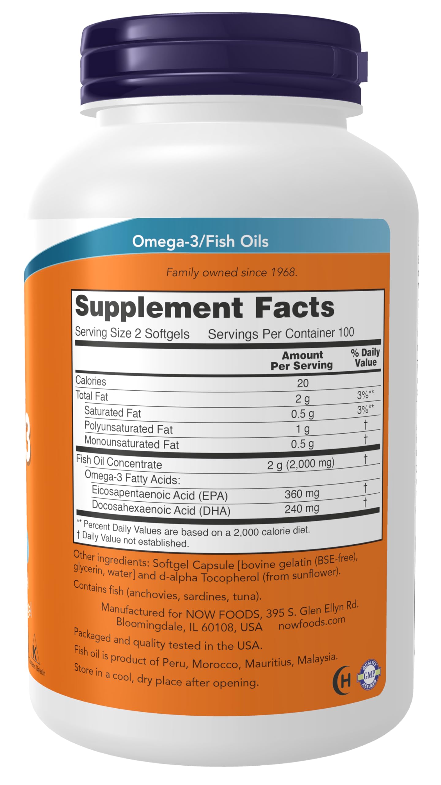 NOW Foods Omega-3 cápsulas suaves, vista lateral de la botella, uso diario recomendado.