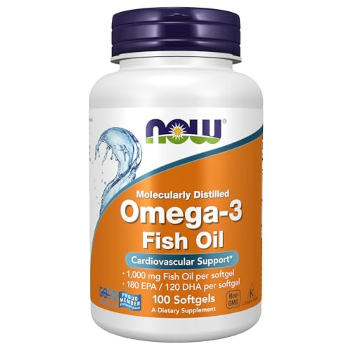 NOW Foods Omega-3 en botella con cápsulas blandas, apoyo potencial a la salud cardiovascular.