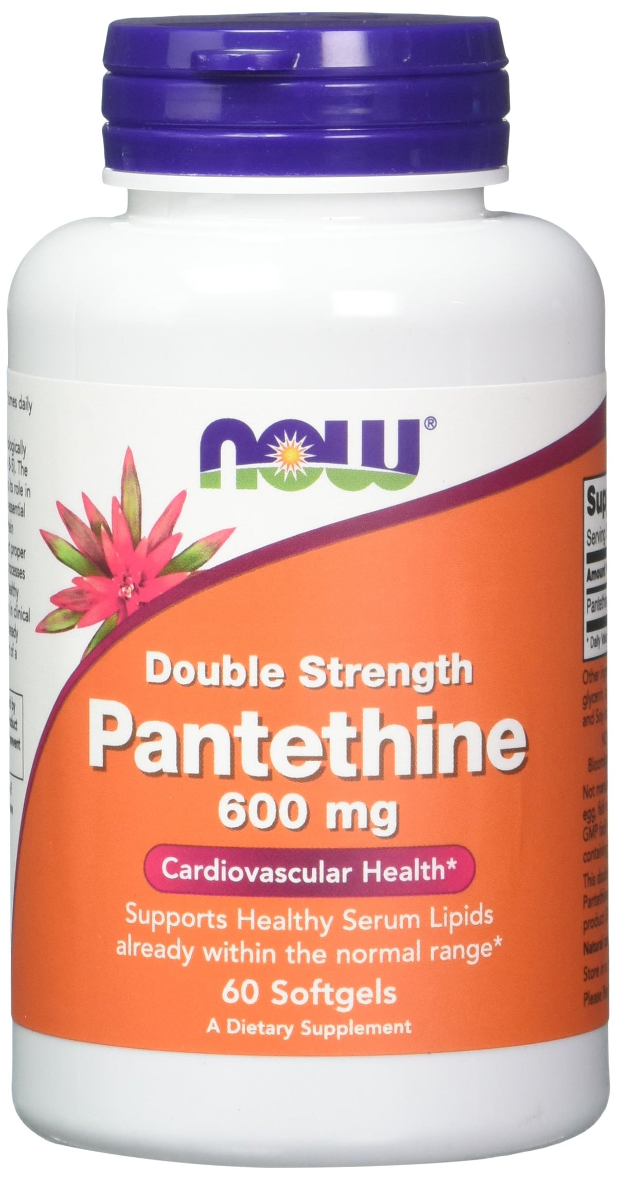 NOW Foods Pantethine 600 mg, botella con cápsulas suaves para apoyo metabólico saludable.