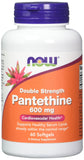 NOW Foods Pantethine 600 mg, botella con cápsulas suaves para apoyo metabólico saludable.