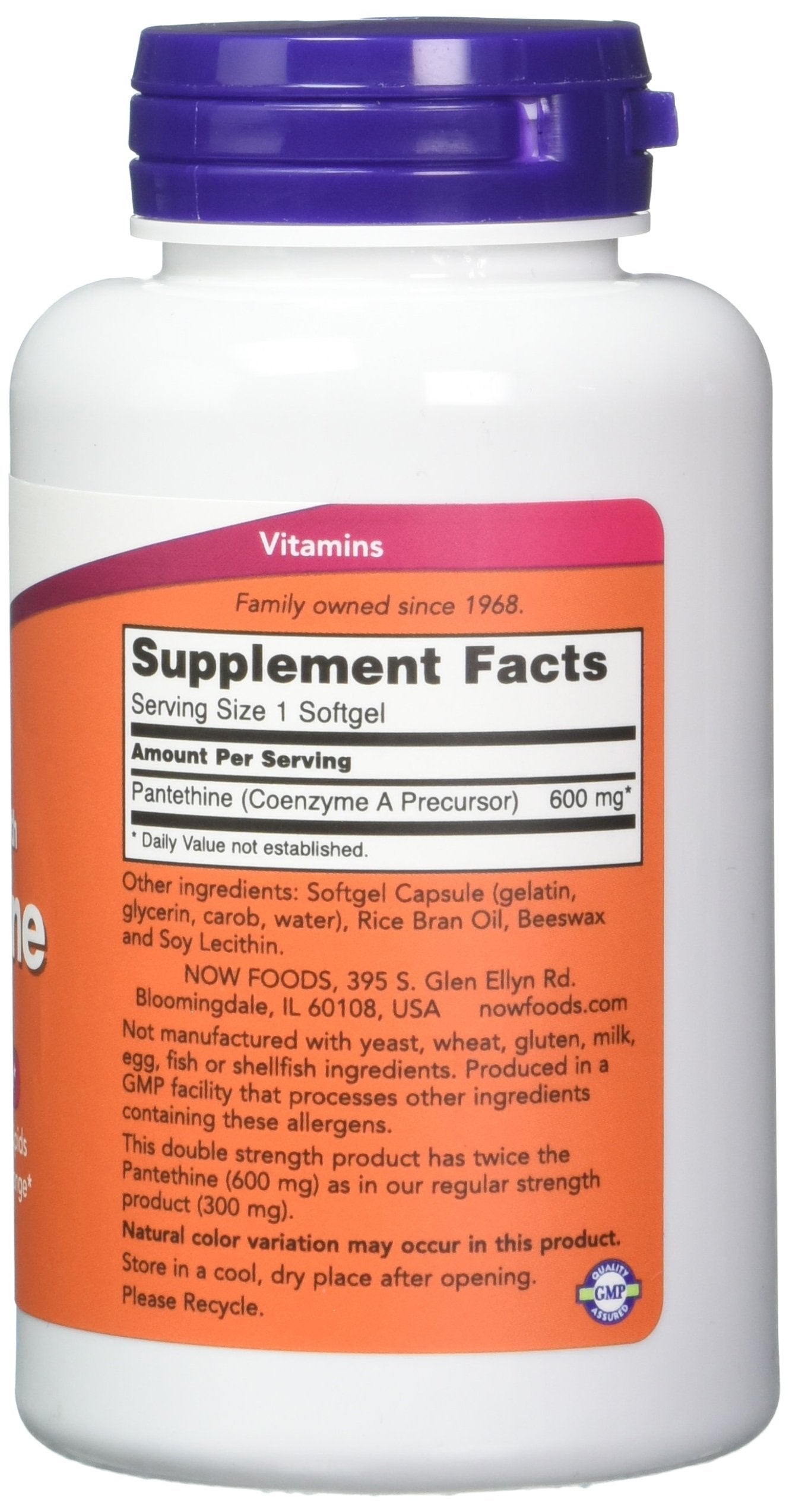 NOW Foods Pantethine 600 mg, cápsulas suaves envasadas para uso diario y metabolismo.
