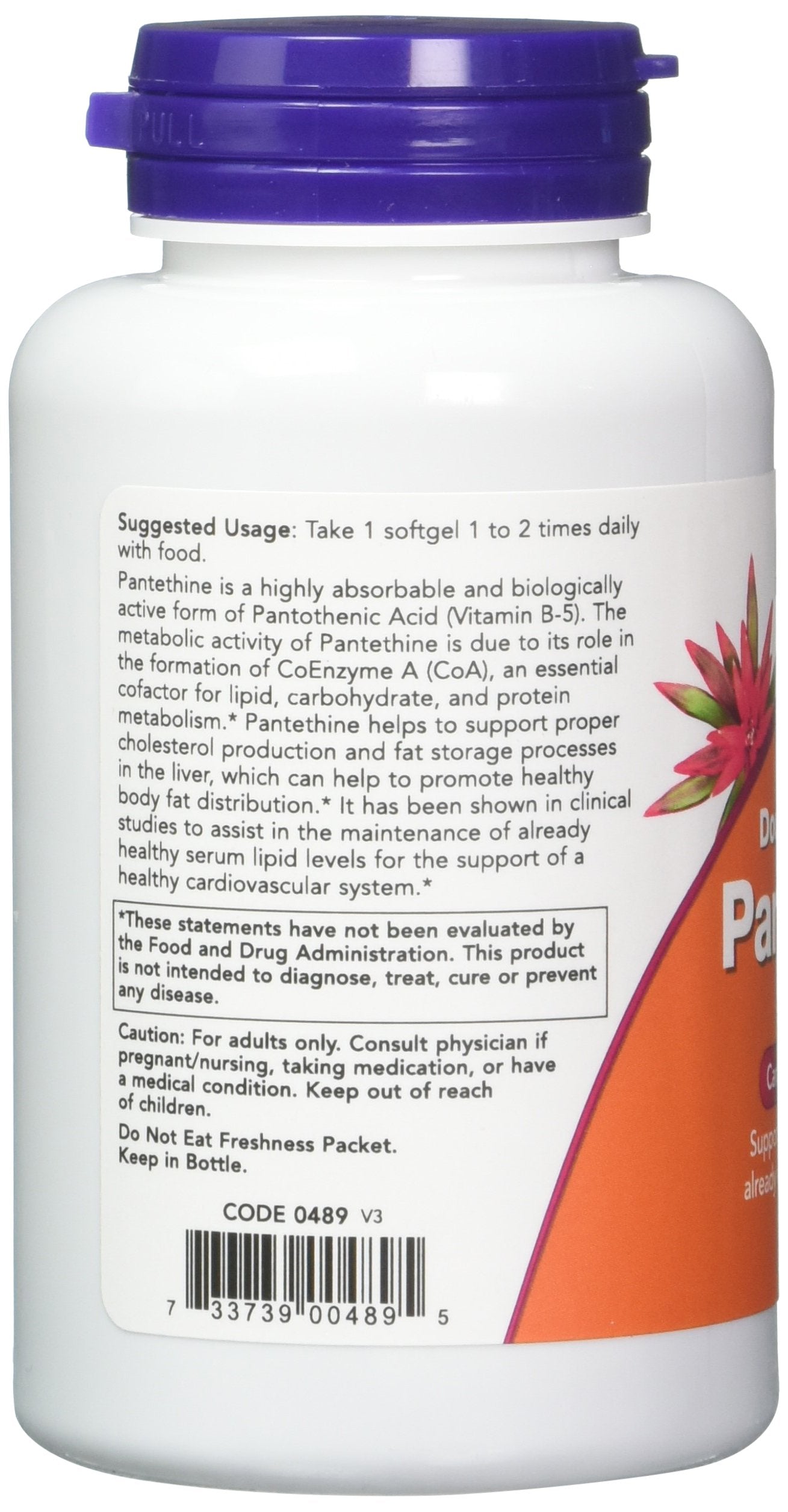 NOW Foods Pantethine 600 mg, etiqueta frontal; posible apoyo a lípidos saludables.