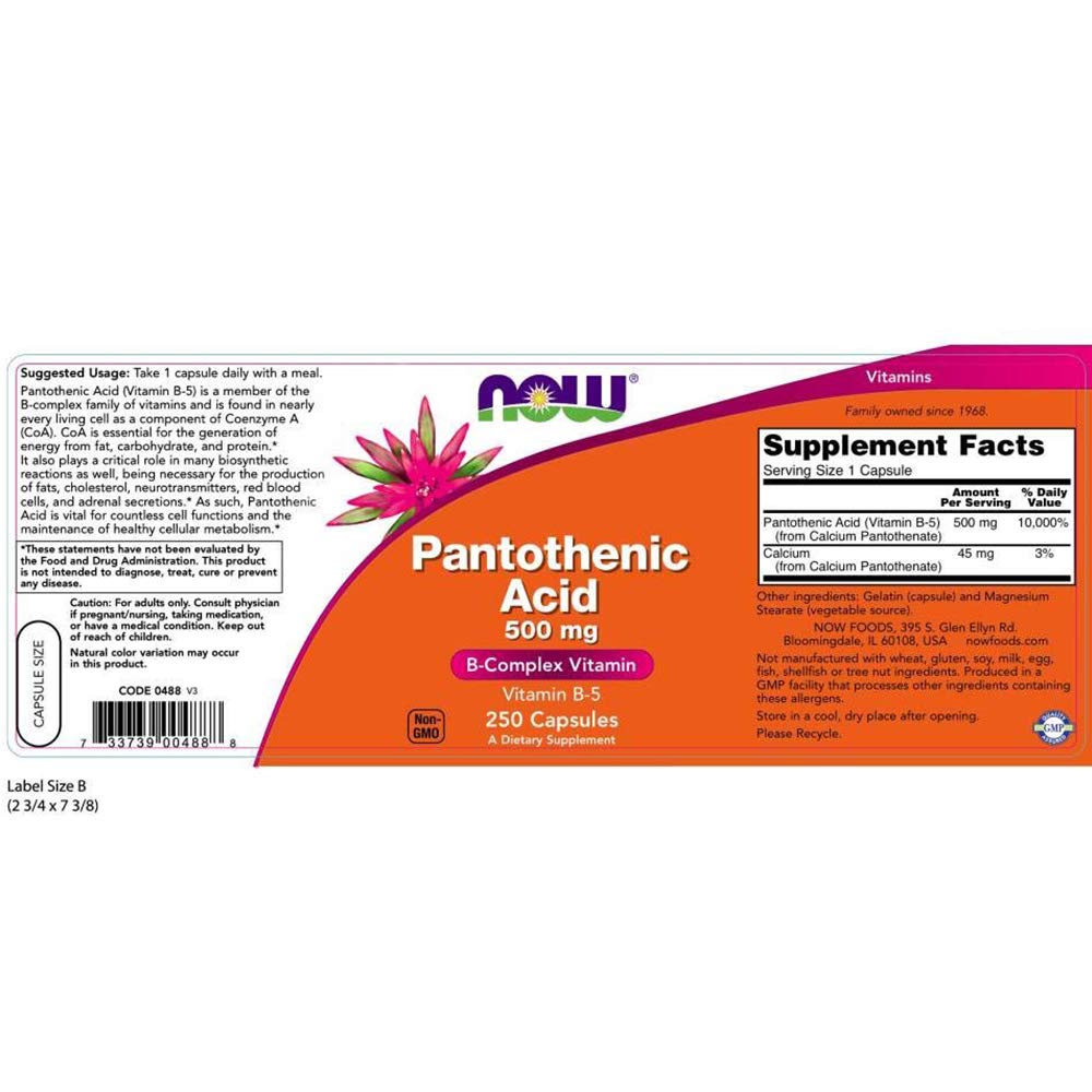 NOW Foods Pantothenic Acid botella, soporte para la CoA y funciones metabólicas.