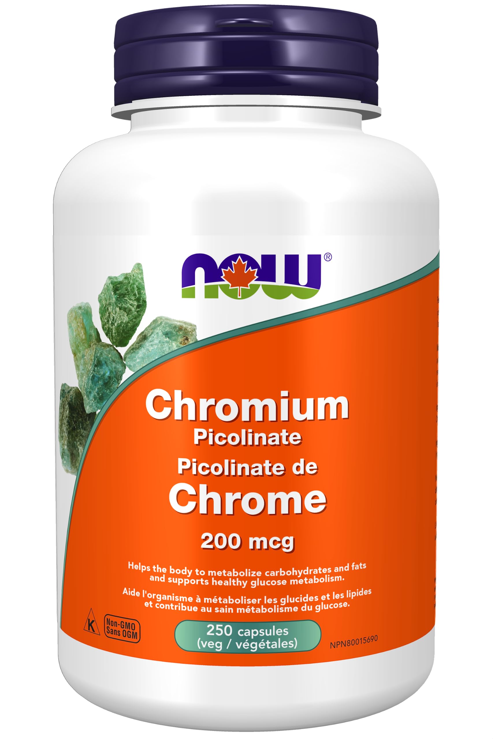 NOW Foods Picolinato de Cromo, frasco frontal, apoyo al metabolismo.