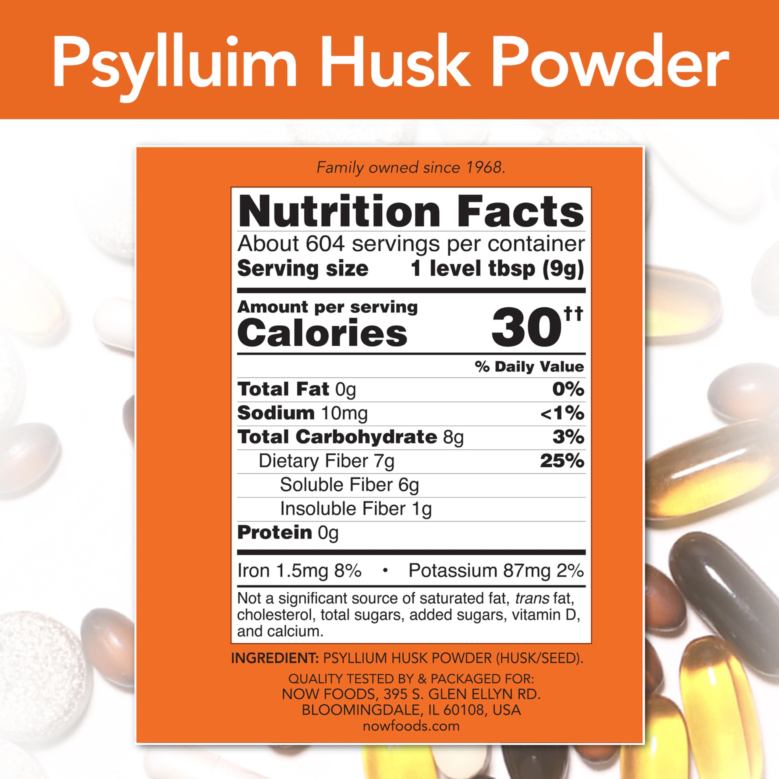 NOW Foods psyllium, cuchara medida para dosis diaria