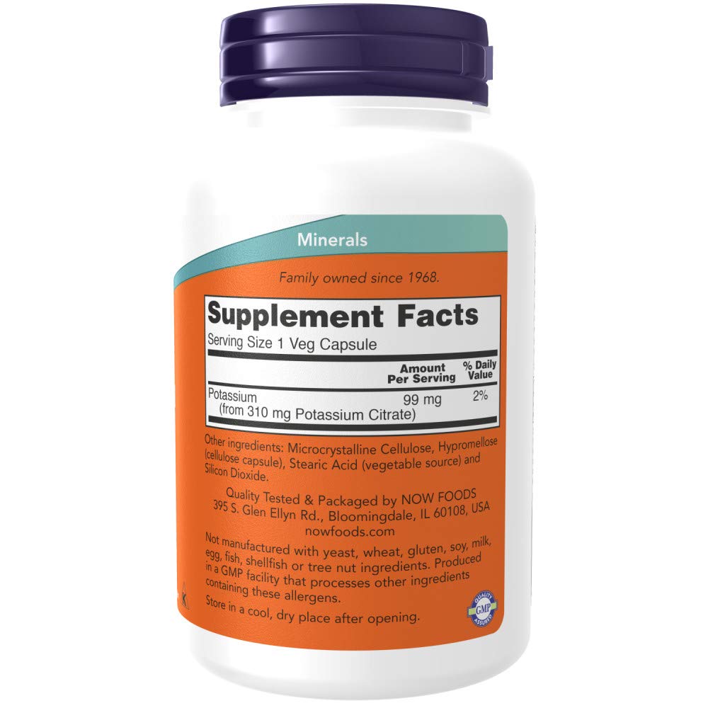 NOW Foods Potassium Citrate: etiqueta detallada con información clara.