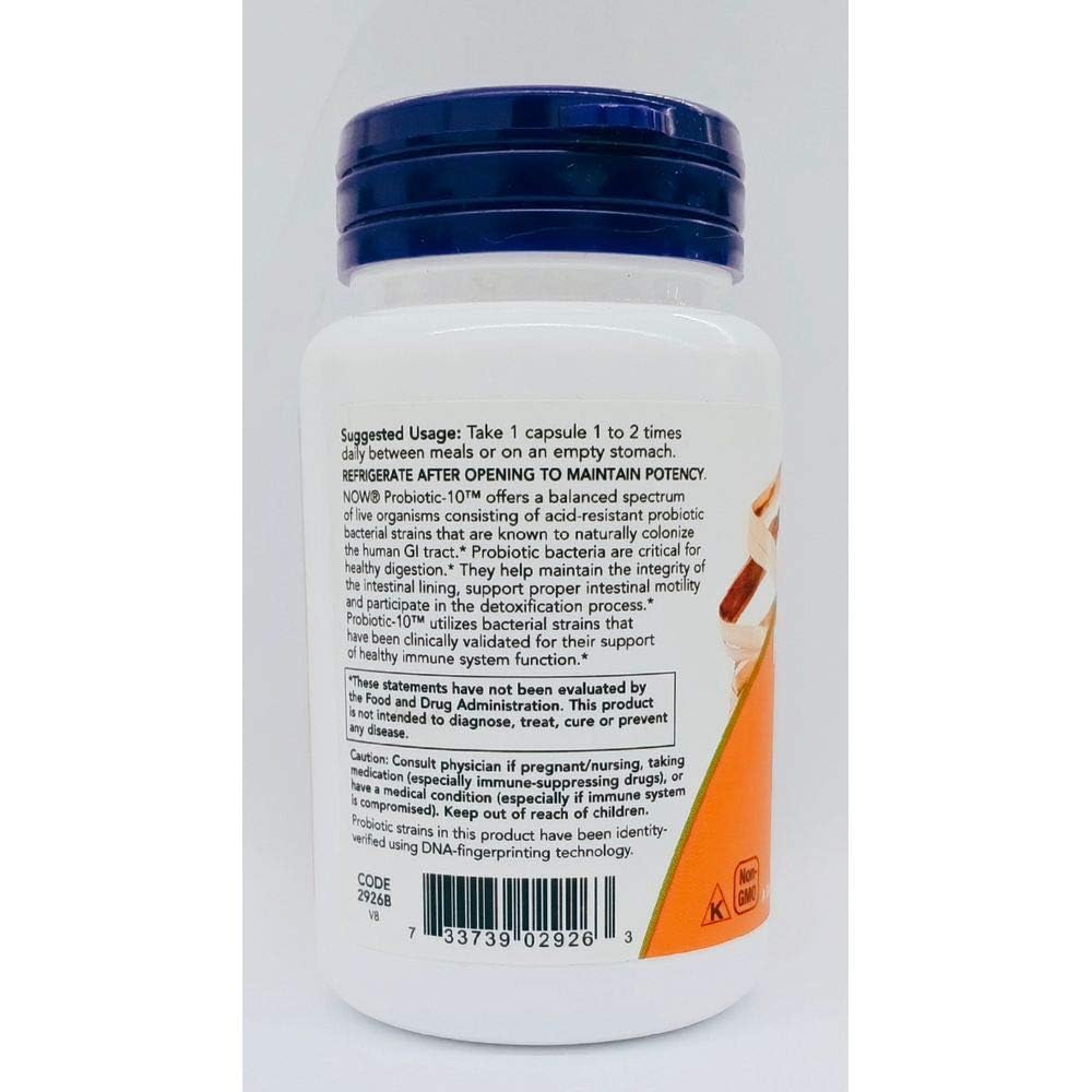 NOW Foods Probiotic-10 botella con dos unidades y cápsulas.