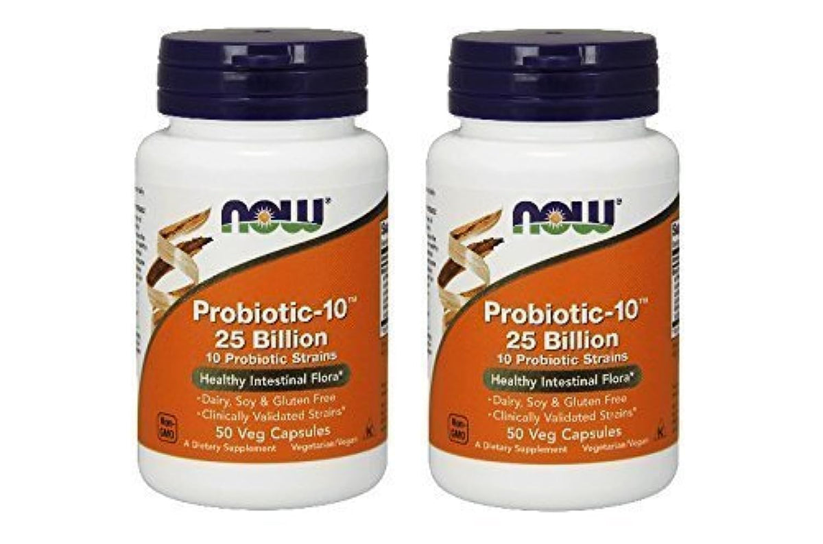 NOW Foods Probiotic-10 cápsulas vegetales para la salud digestiva diaria.