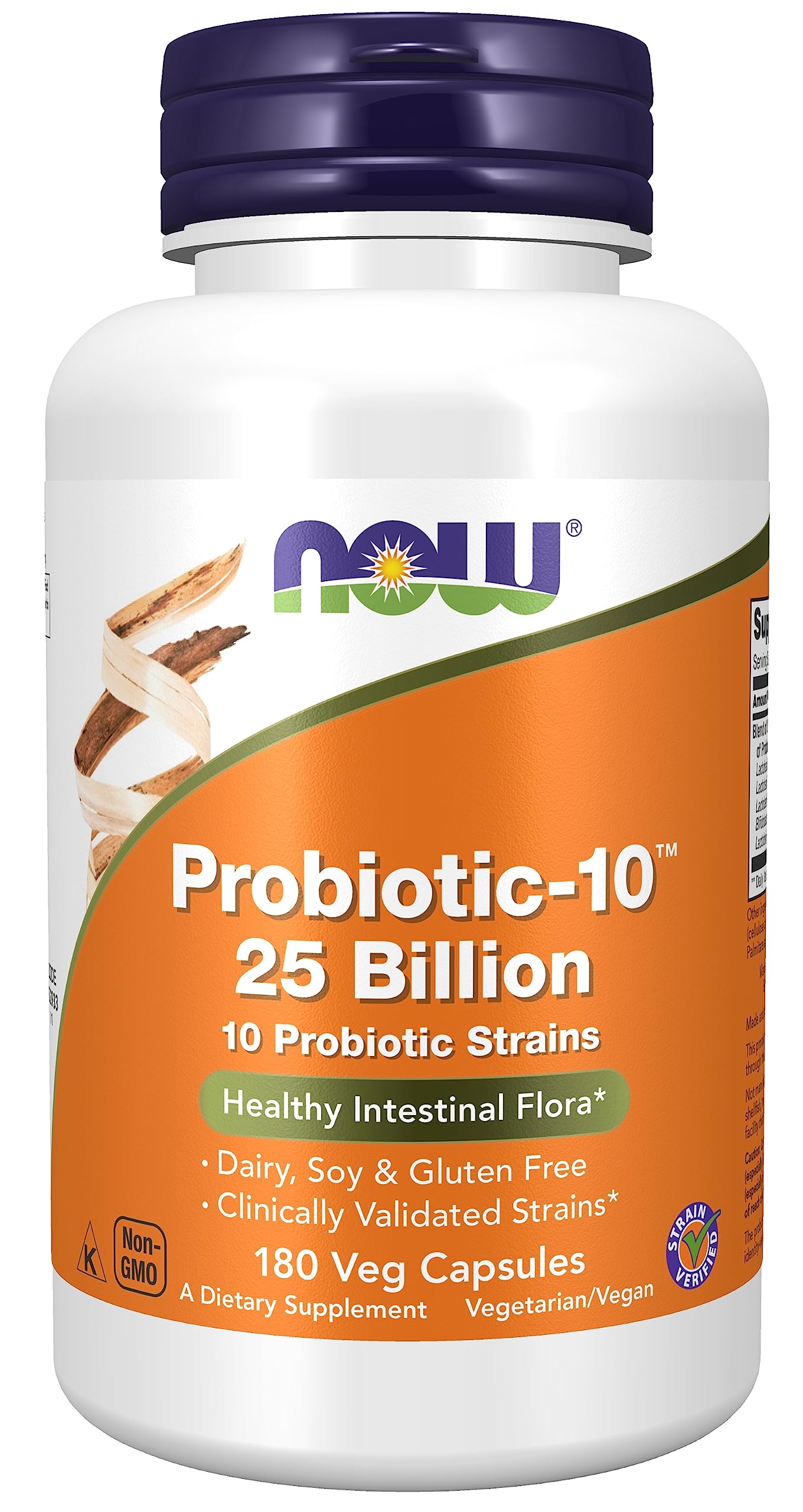 NOW Foods Probiotic-10, botella frontal, posible apoyo digestivo diario.