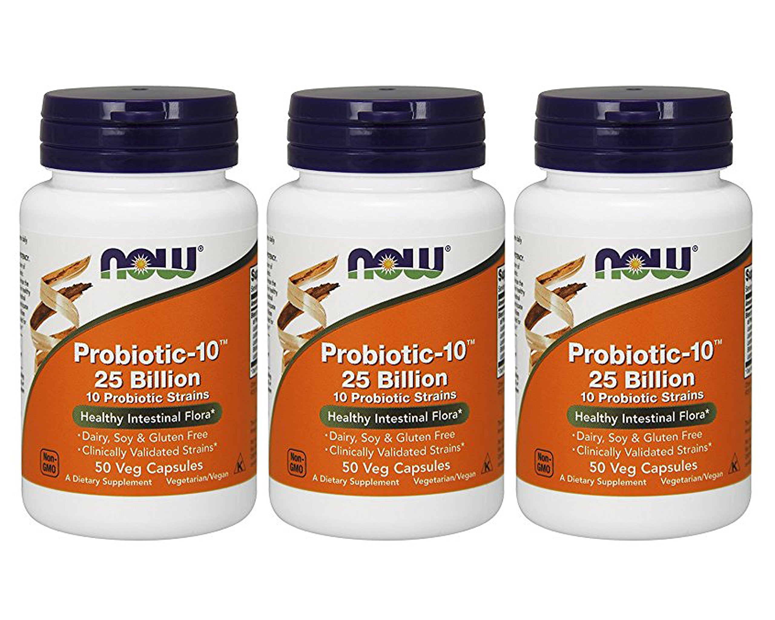 NOW Foods Probiotic-10, botella de 50 cápsulas para soporte digestivo diario.