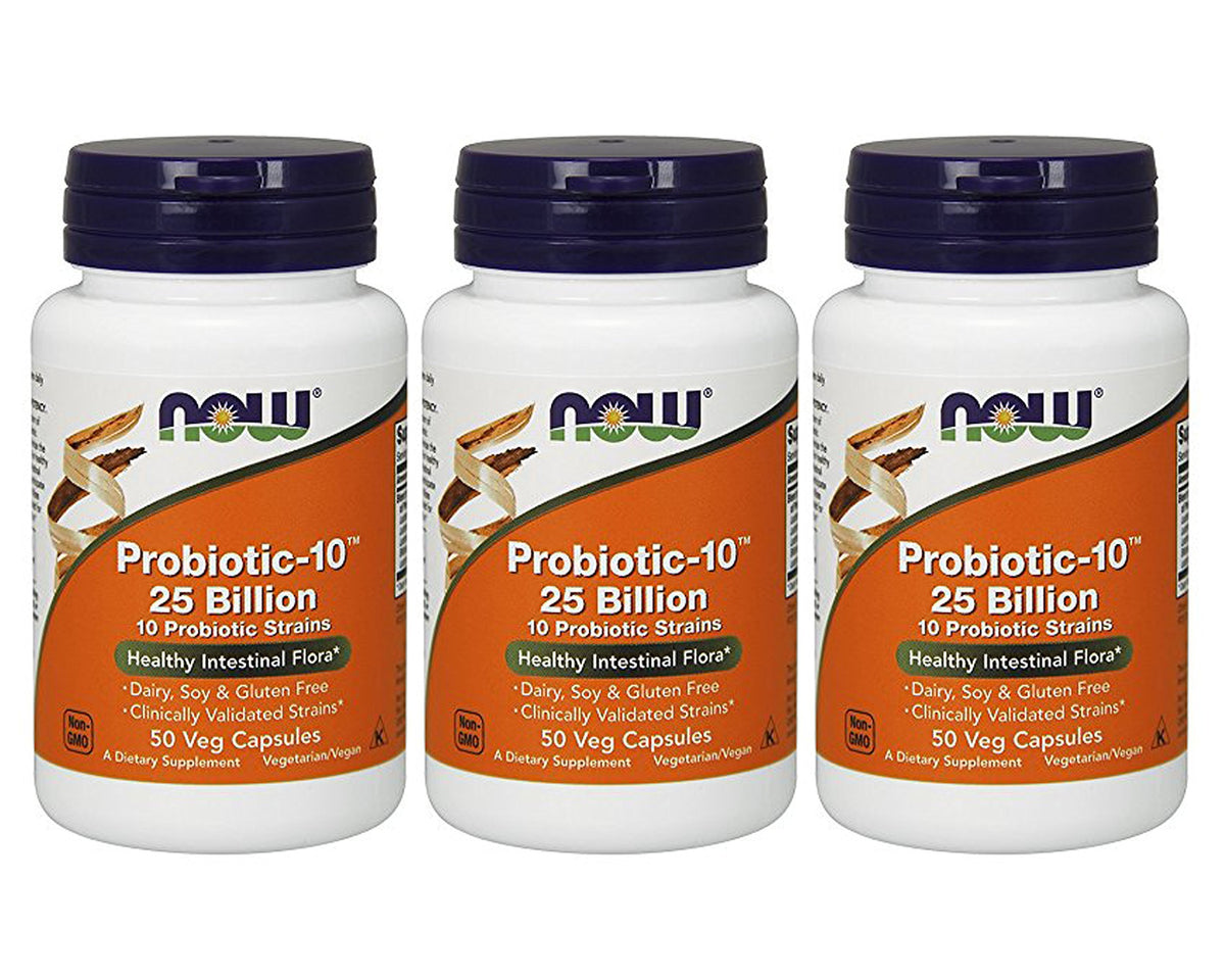 NOW Foods Probiotic-10, botella de 50 cápsulas para soporte digestivo diario.