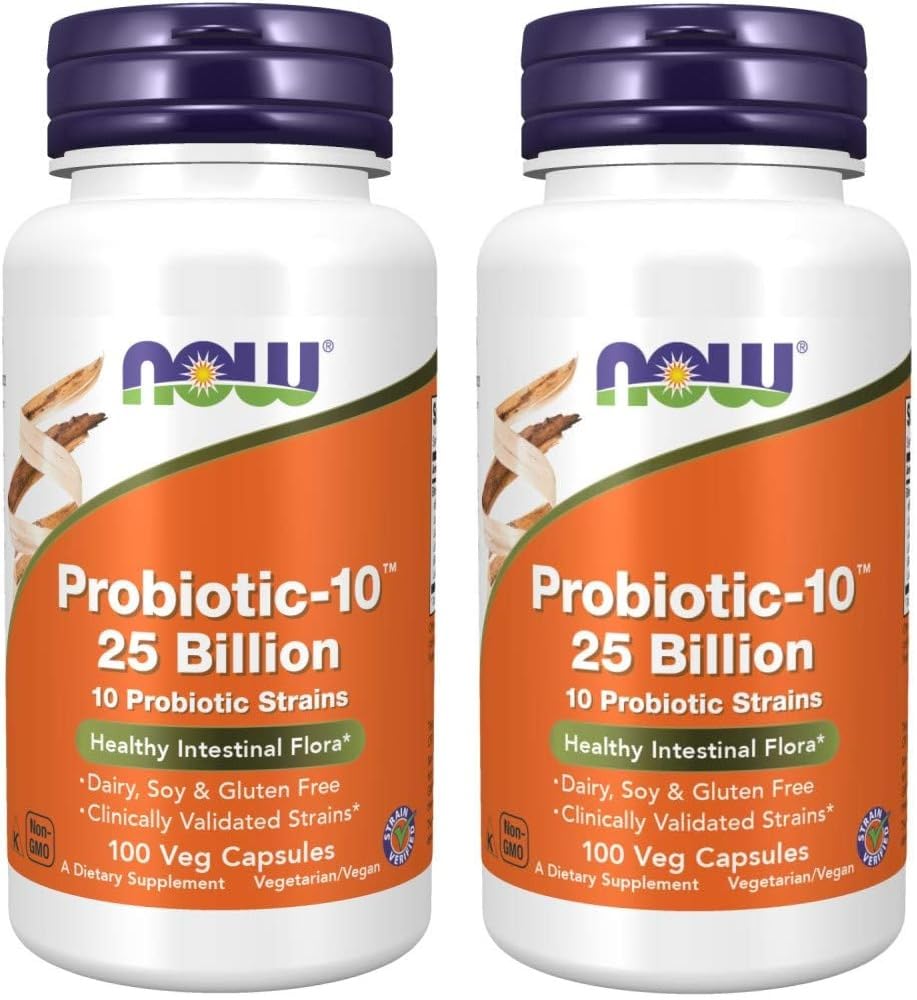 NOW Foods Probiotic-10: botella llena, posible apoyo a la salud digestiva diaria.