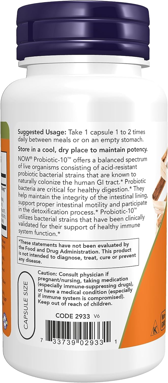 NOW Foods Probiotic-10: caja externa, opción conveniente para un plan diario de bienestar.