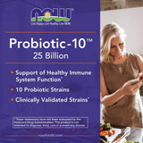 NOW Foods Probiotic-10, cápsulas en vaso, uso diario sencillo.