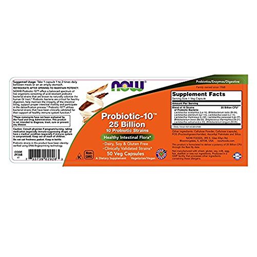 NOW Foods Probiotic-10, dosis diaria sugerida para apoyo digestivo suave.